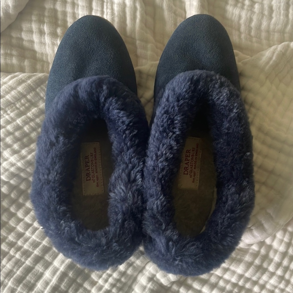 Draper Blue Fuzzy Slippers. Made in England